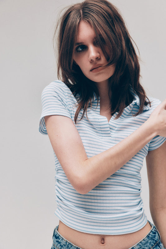 Ribbed collared top Blue