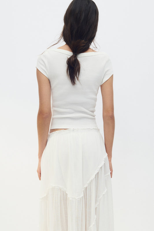 Ribbed boat-neck top White