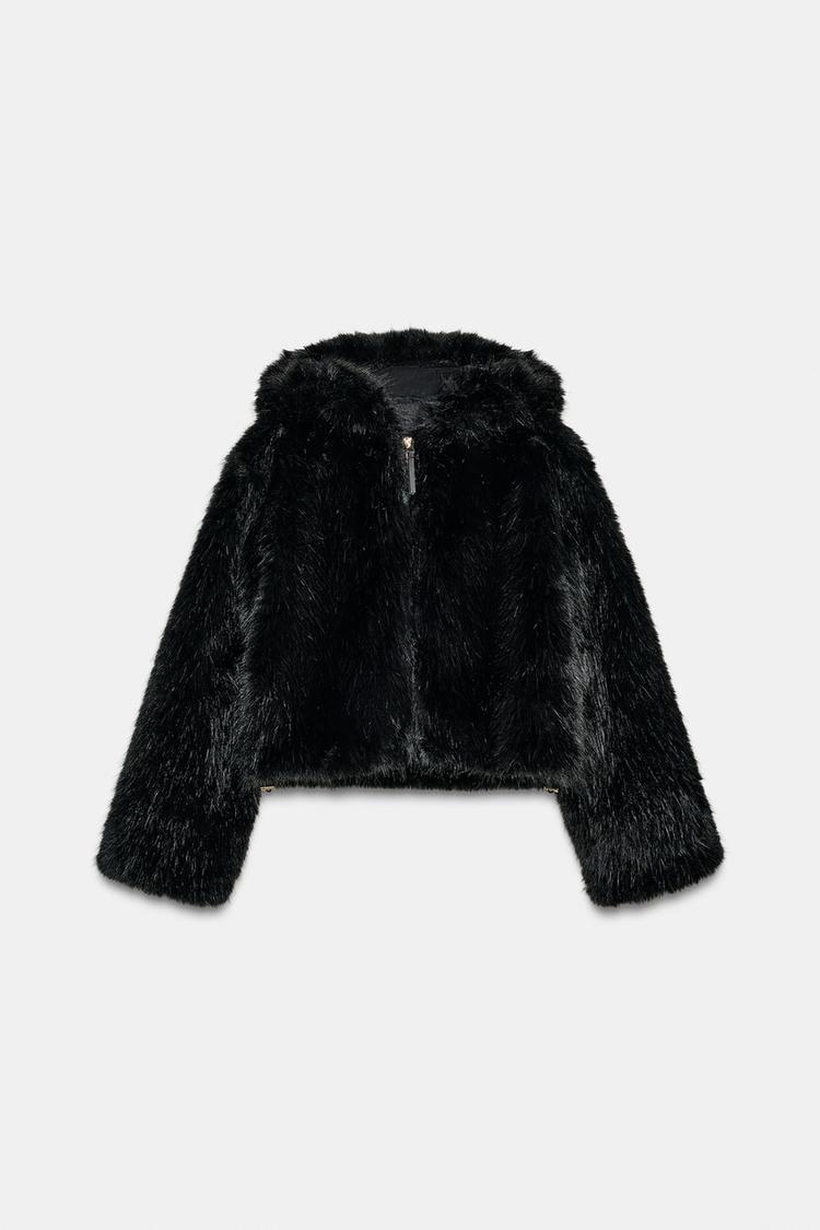 SHORT FAUX FUR HOODED COAT