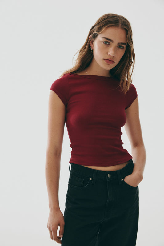 Ribbed boat-neck top Red