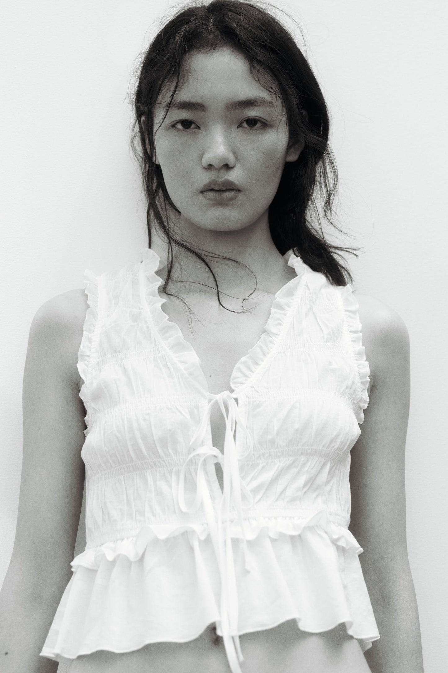 Tie-detail smocked top Cream