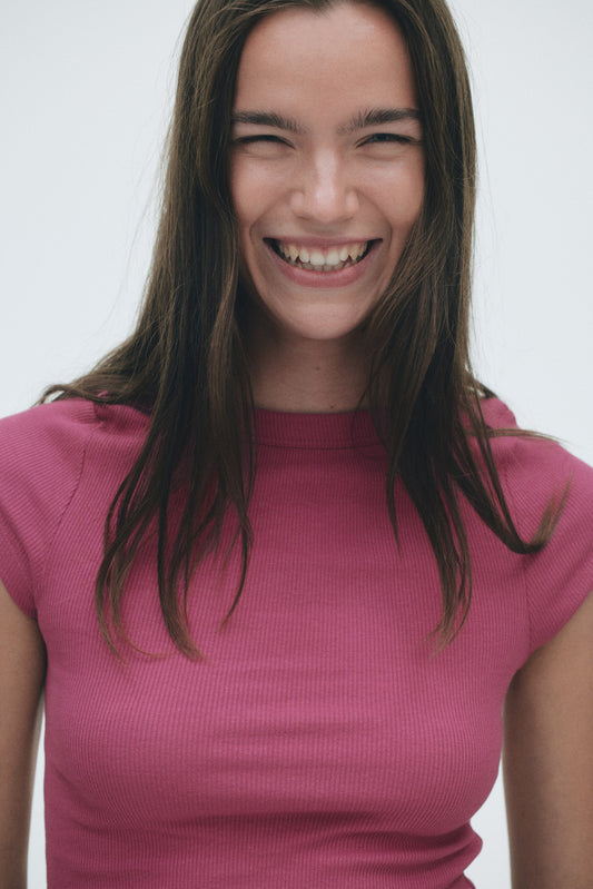 Ribbed boat-neck top Cerise