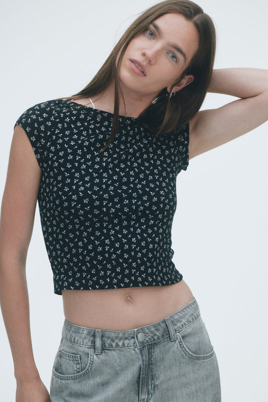 Ribbed boat-neck top Black/Floral