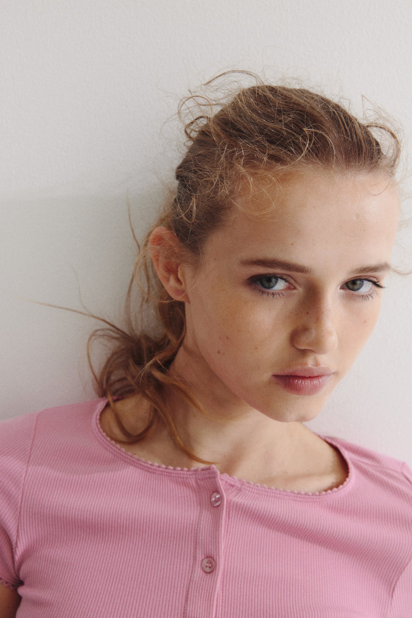 Ribbed button-front top Pink
