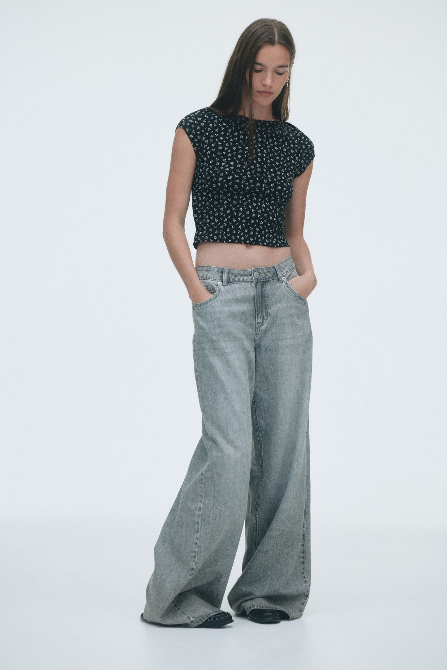 Ribbed boat-neck top Black/Floral