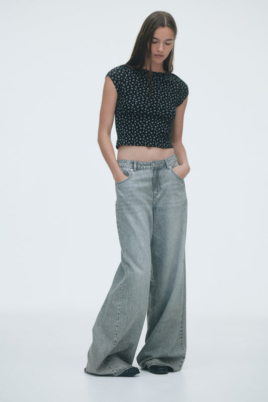 Ribbed boat-neck top Black/Floral