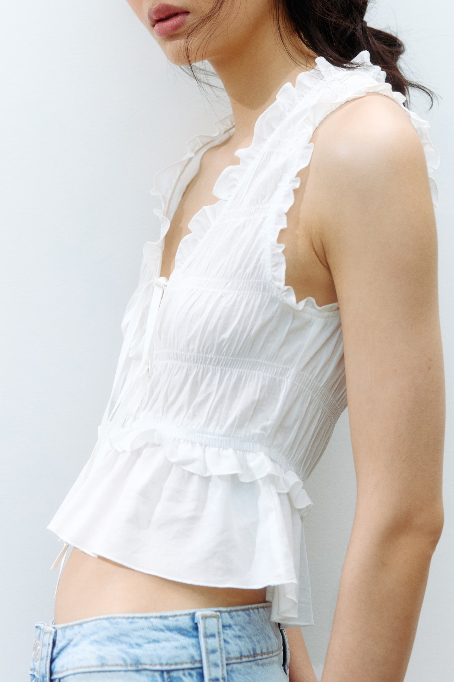 Tie-detail smocked top Cream