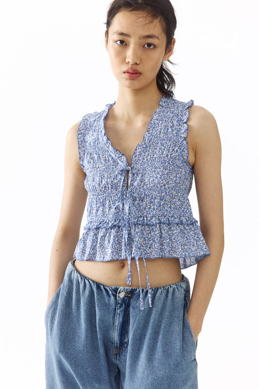Tie-detail smocked top Floral