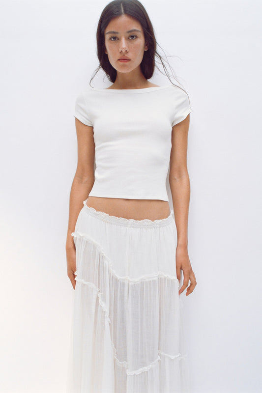 Ribbed boat-neck top White