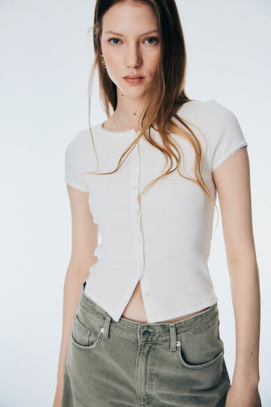 Ribbed button-front top