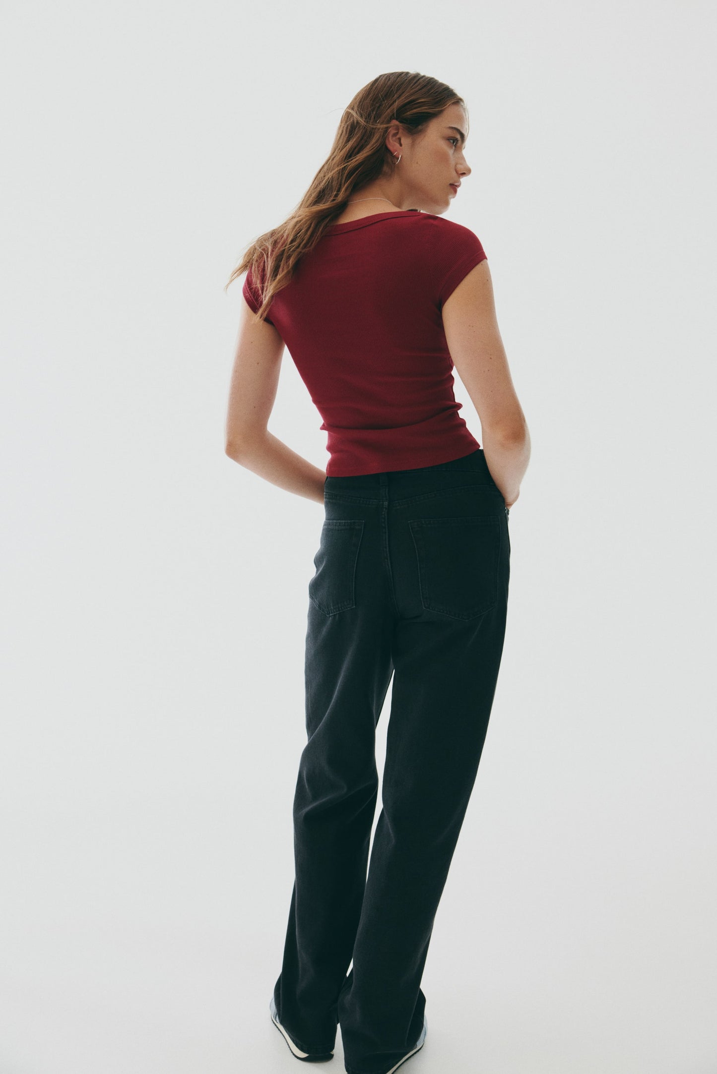 Ribbed boat-neck top Red