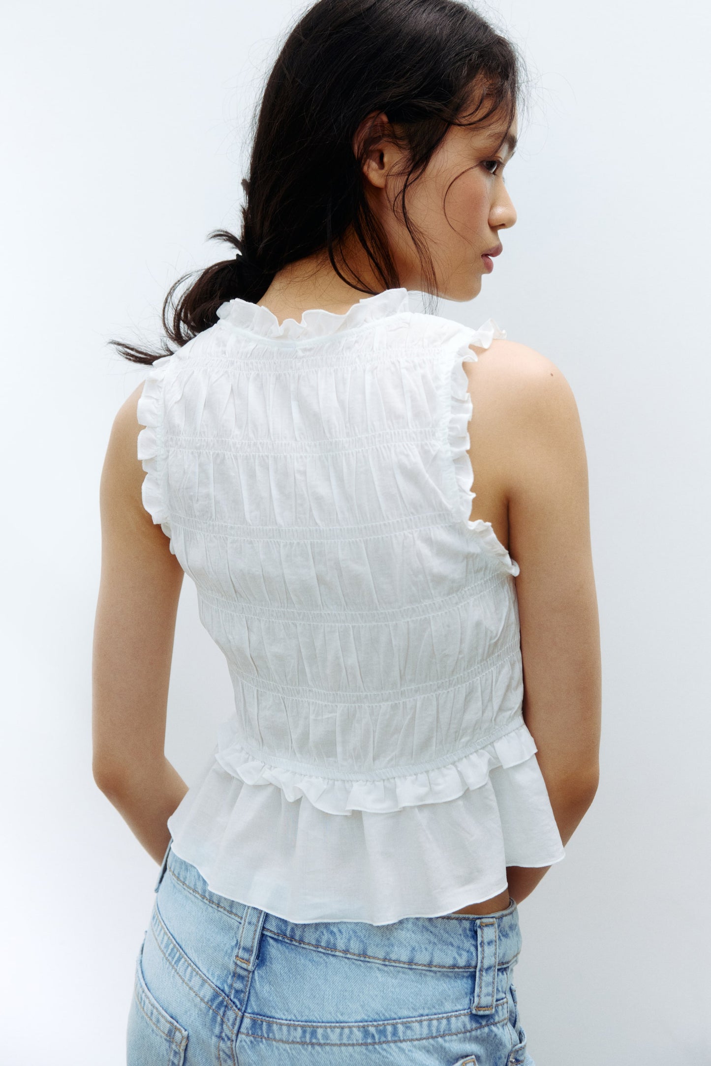 Tie-detail smocked top Cream