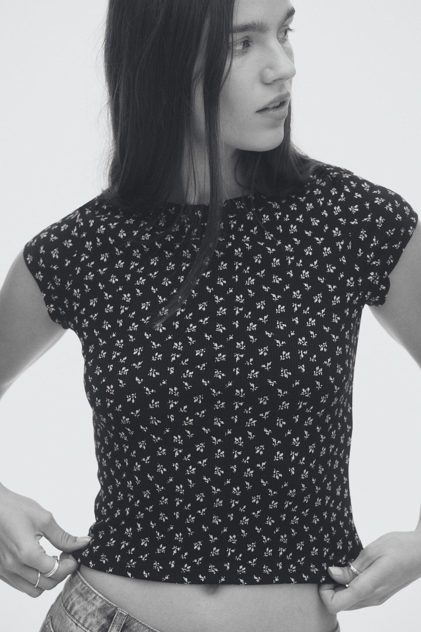 Ribbed boat-neck top Black/Floral